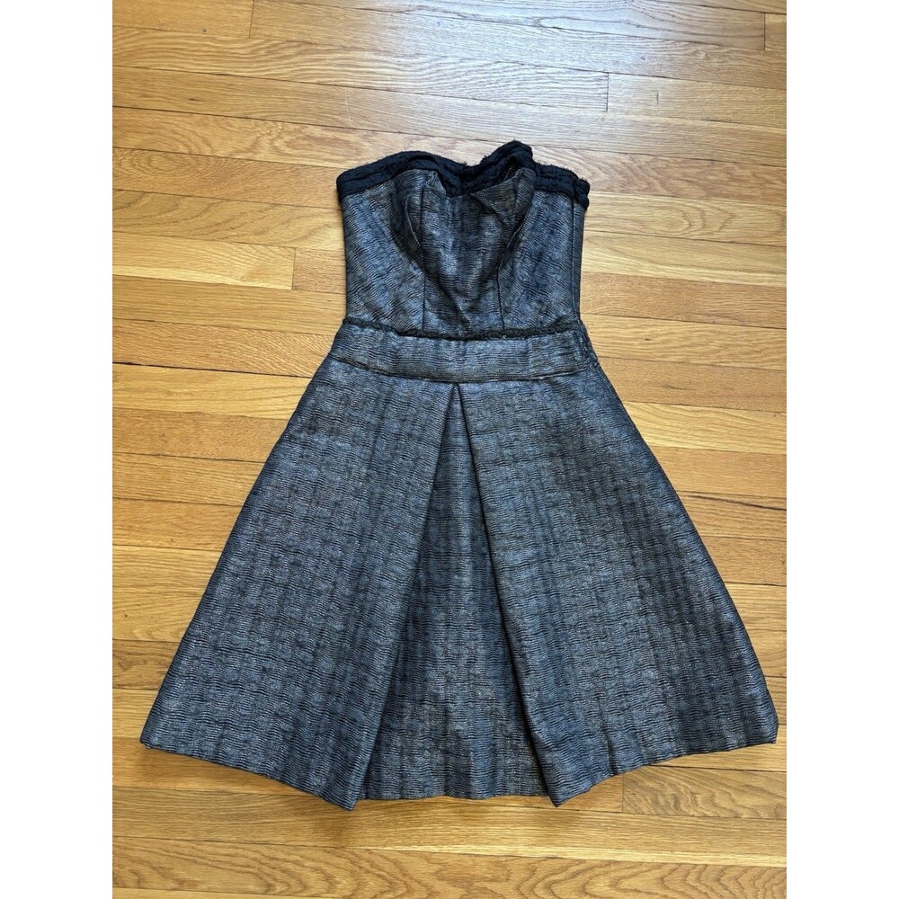 Miu Miu Strapless A Line Dress Mini Silver Metallic Black Chiffon Trim 38 US 2
